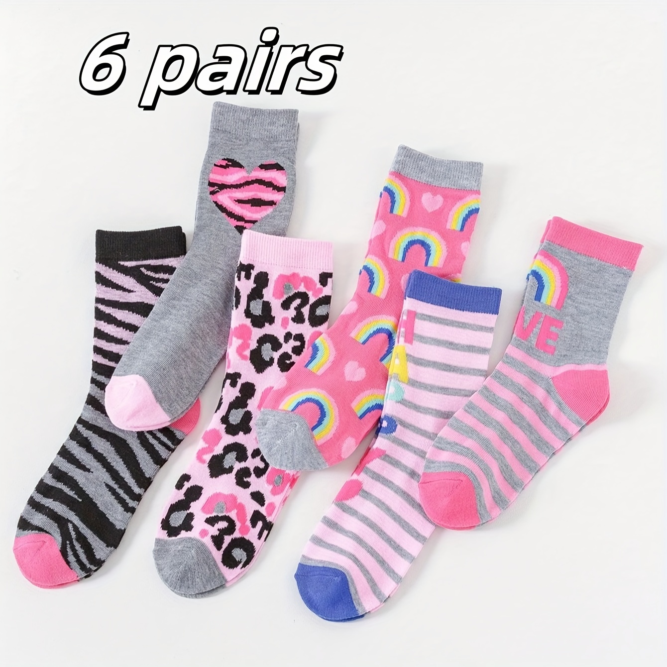 

6 Pairs Of Girls' Four-season Striped Heart Pattern Mid-tube Socks Combination