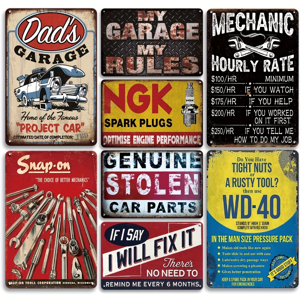 

8pcs Metal Tin Sign Set - Retro Industrial Style, Funny Repair Rules & Art Decor For , For Man Cave, Car Repair Station & Parts Shop