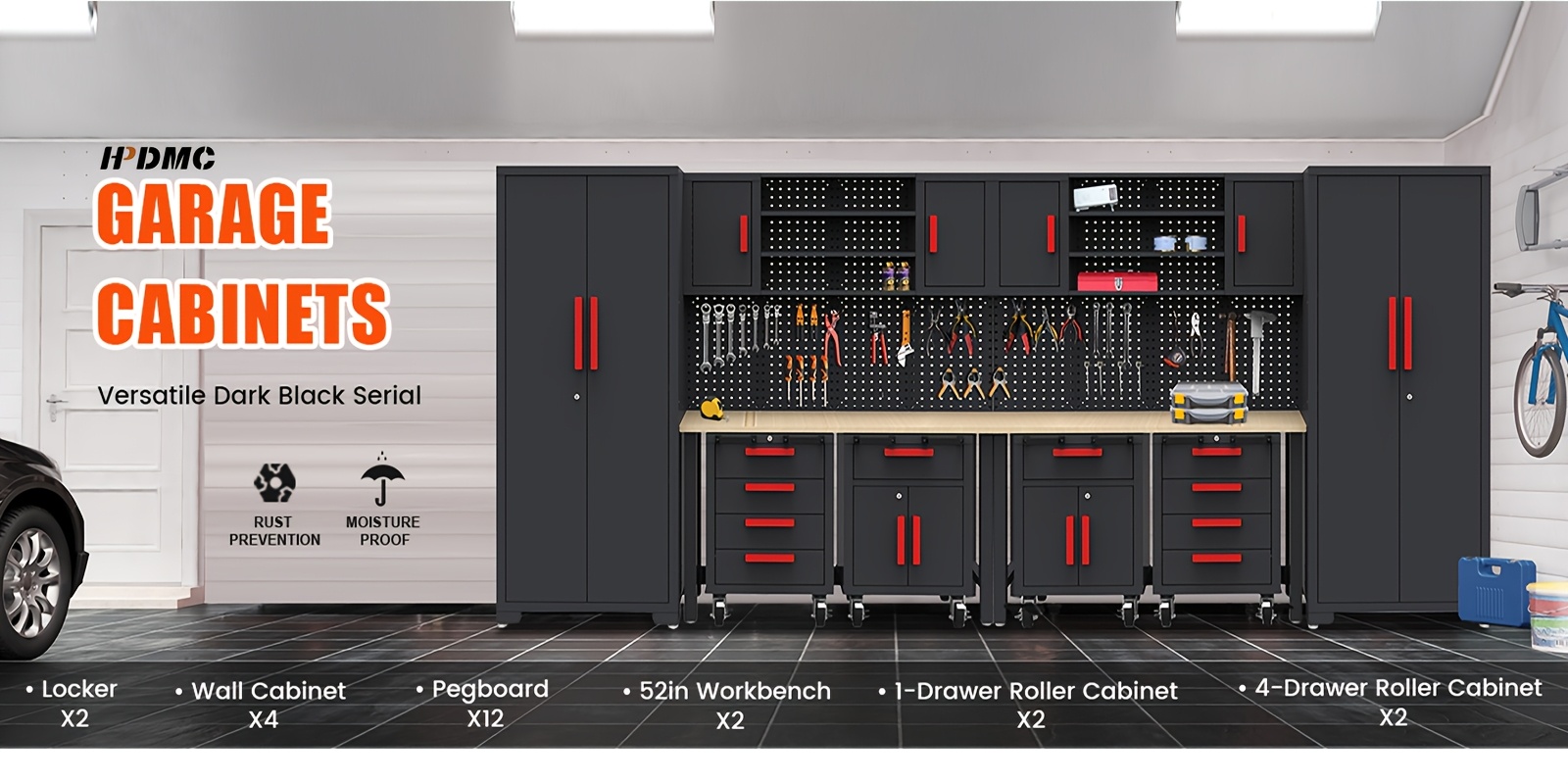 12pcs heavy duty steel rolling tool box with lockable drawers cabinet heavy duty steel construction 2 tier shelves 3 drawers 2 cabinets red accents for garage workshop storage black   organization industrial look   material construction Product details 0