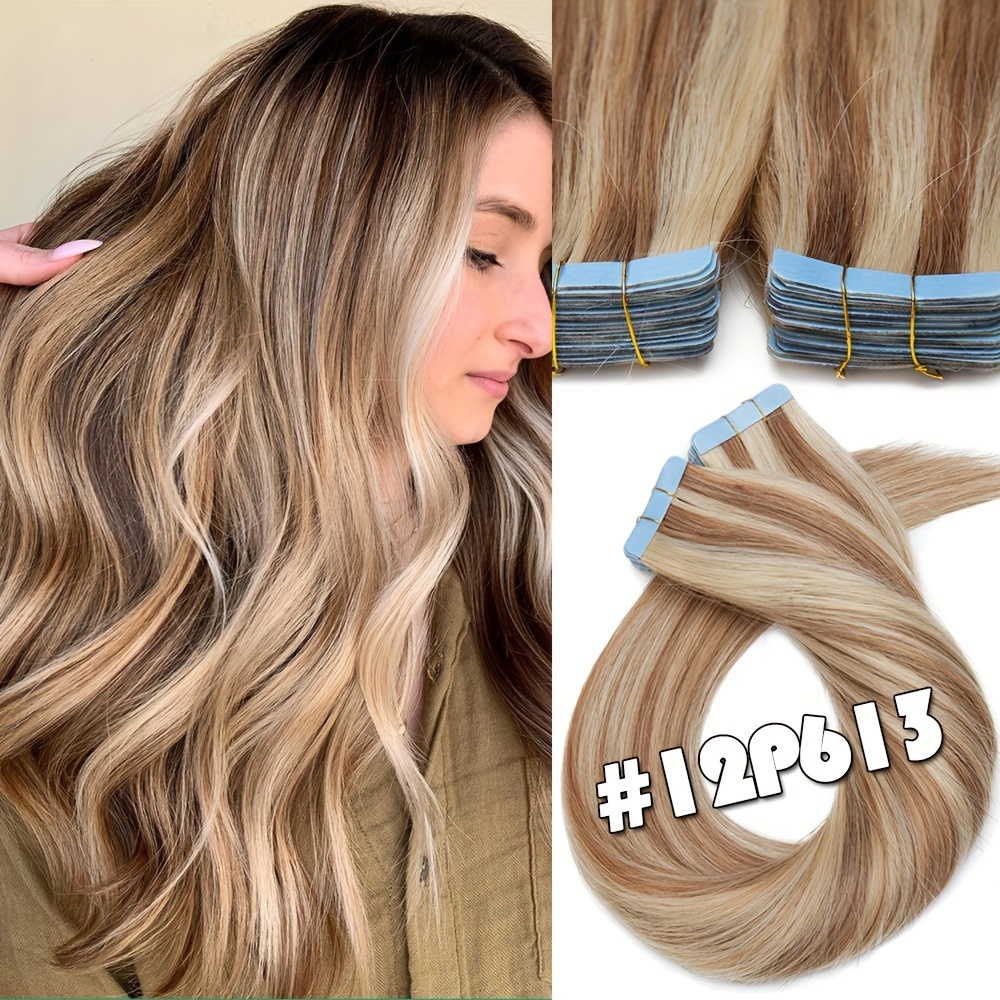   tape in hair extensions human hair real human hair tape in extensions straight highlight 100   seamless human hair extensions for women 12 24 inches 25g pack 10pcs skin weft details 4