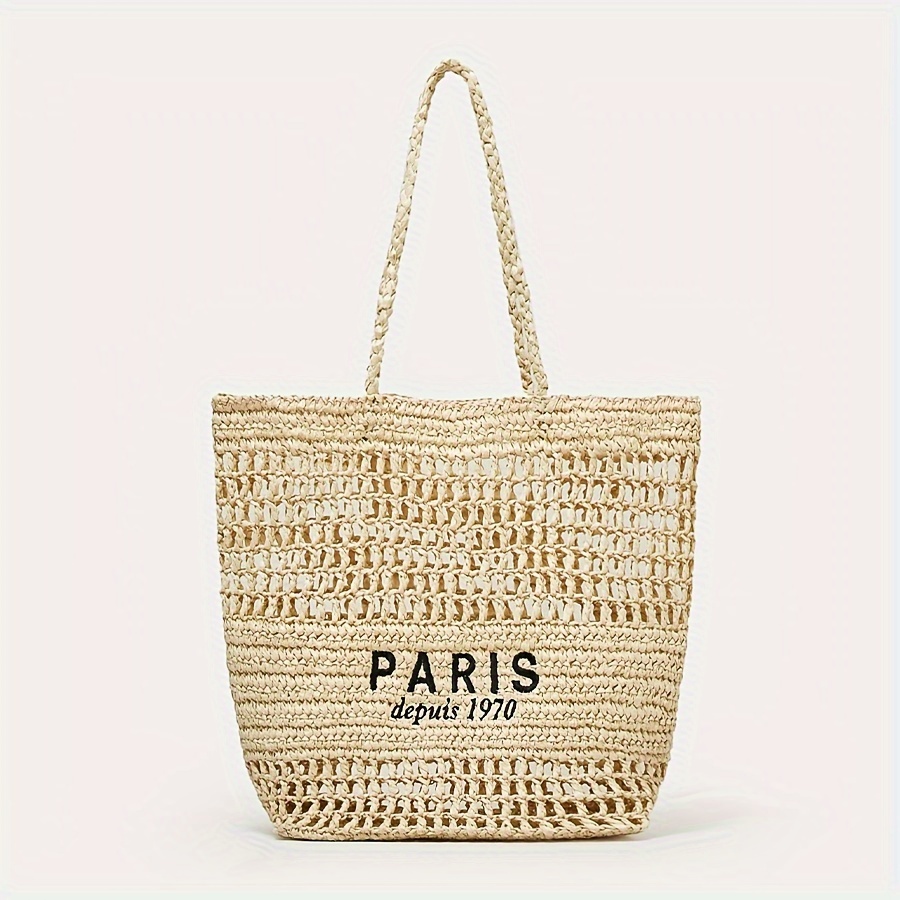

Hollow Out Straw Woven Tote Bag, Fashion Embroidery Letter Shoulder Bag, Boho Style Beach Bag Travel Vacation Picnic Bag
