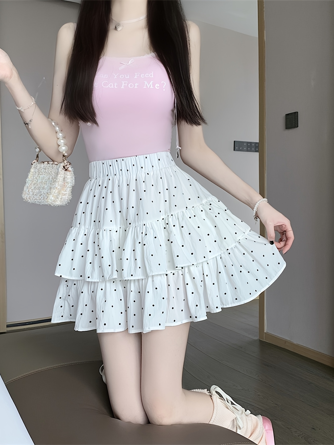 cute high waisted short polka dot skirt tiers Temu Canada