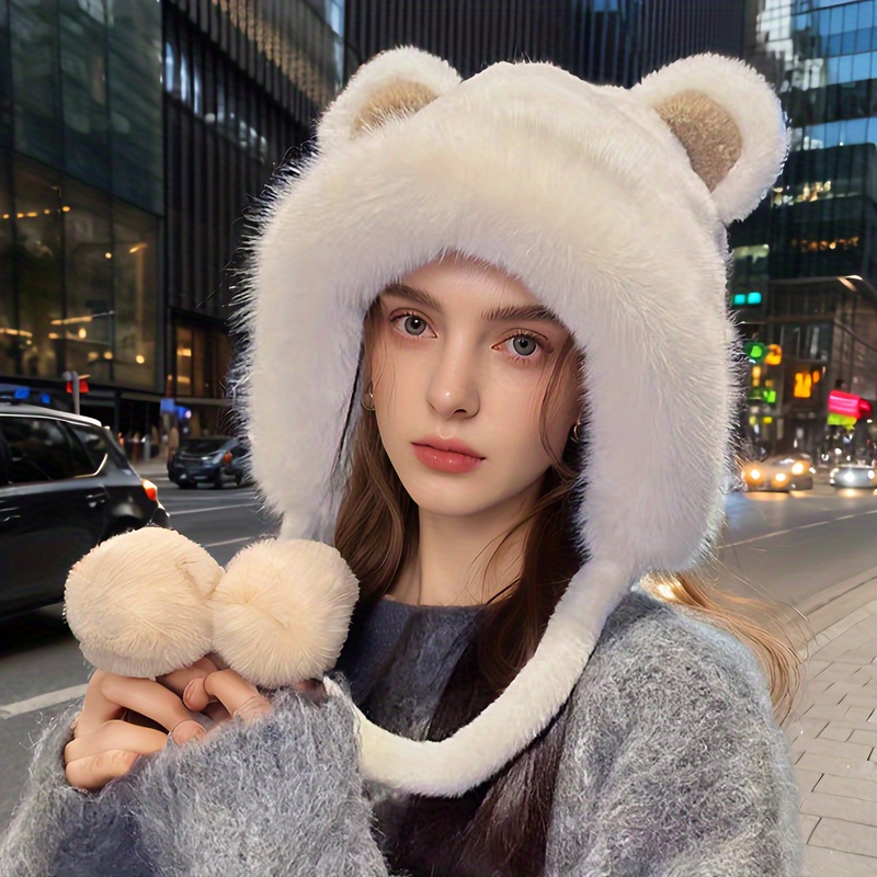 

Cozy & Cute Bear Ear Plush Hat For Women - Thick, Cap With Pom-poms, Breathable Polyester, Non-stretch, Hand Washable