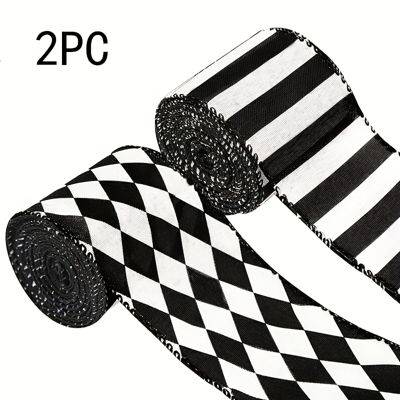 TEMU 2 Rolls Of Christmas Wired Edging Ribbon, 2.5-inch Black And White Checkered Striped Decorative Ribbon, Suitable For Christmas Holiday Decor,