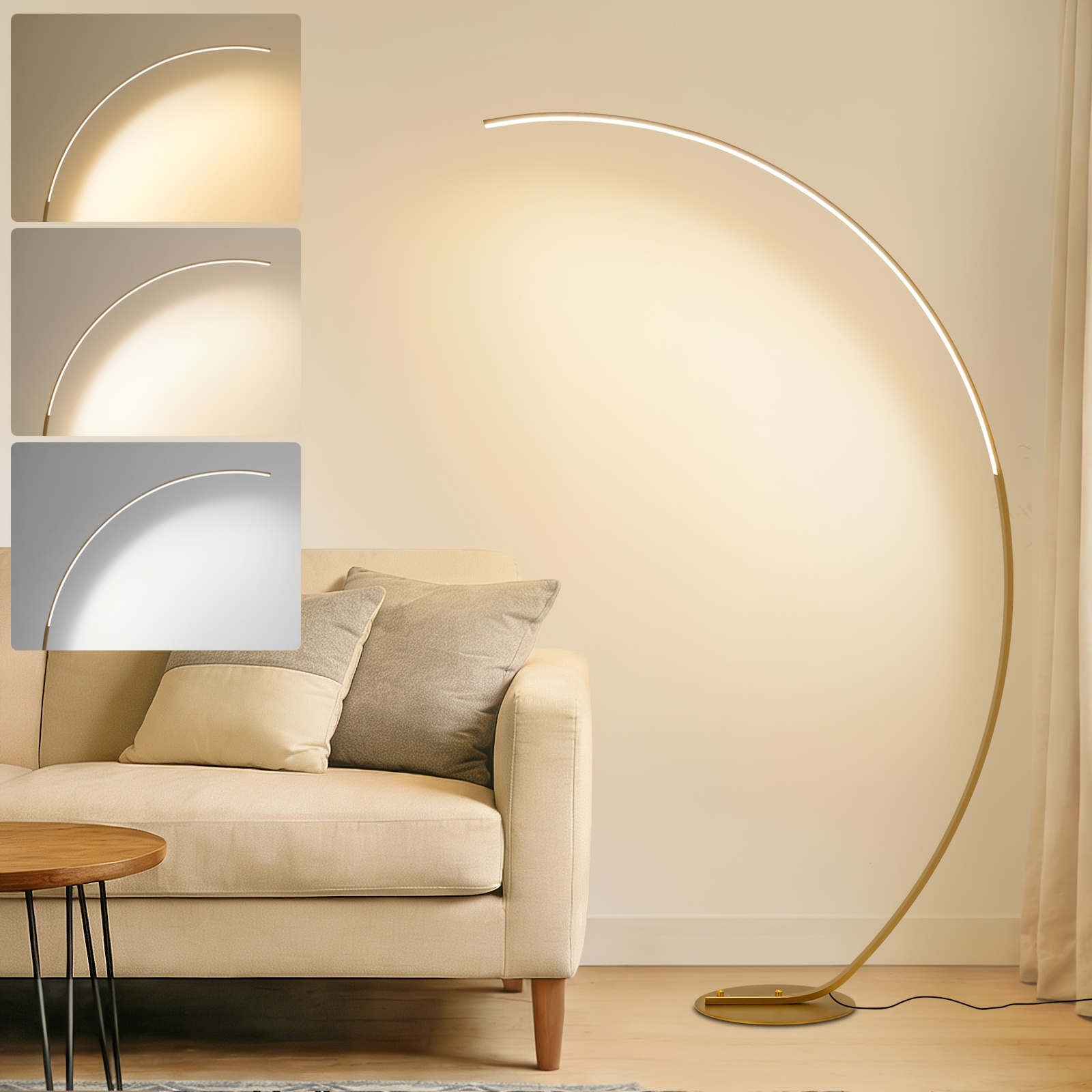 Image of Modern Golden Arc Floor Lamp, 65" Tall Dimmable Led Standing Floor Lamp, Timing Reading Floor Lamps With Remote, Light Memory Corner Floor Lamp For Living Room, Bedroom, Office, Home