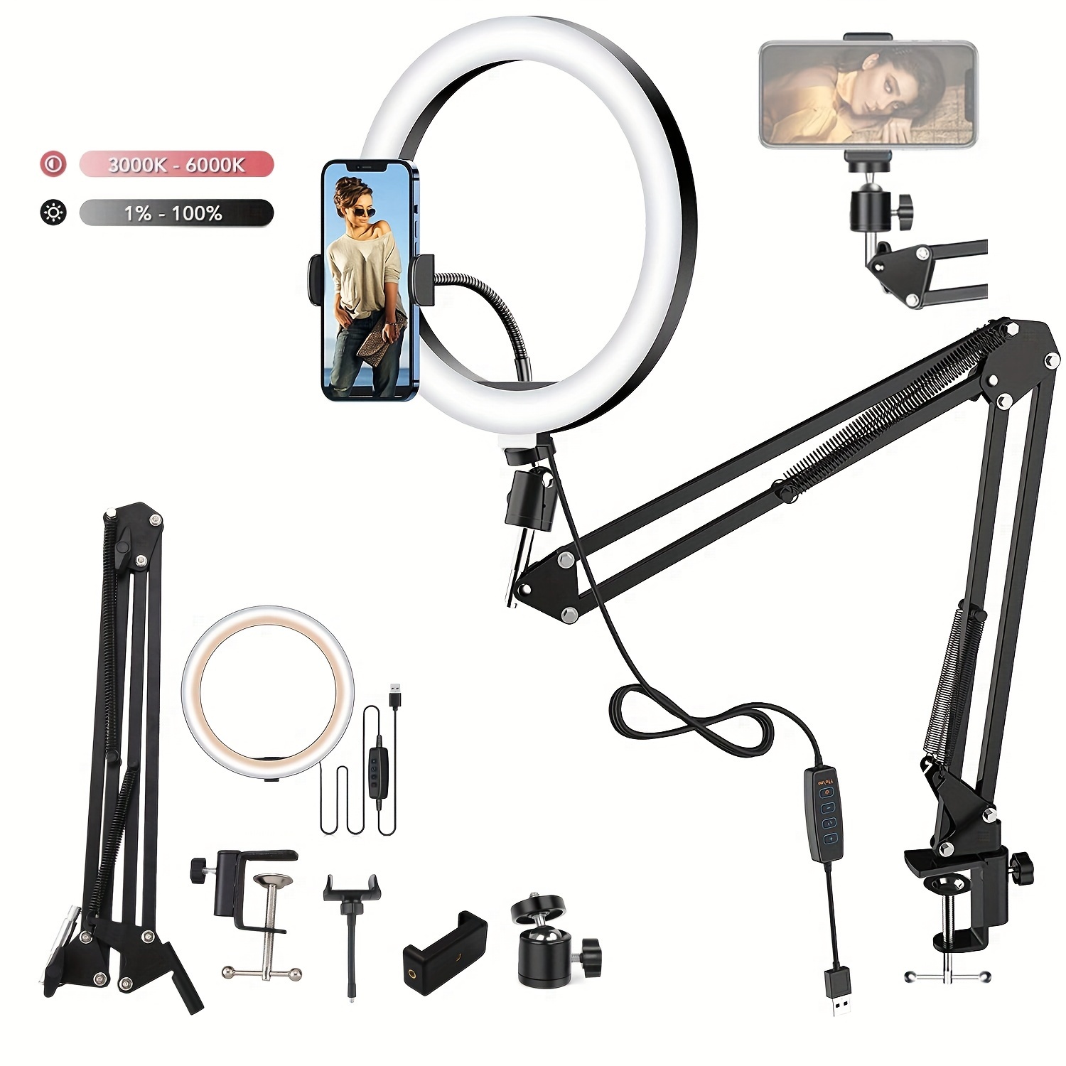 

Led Selfie Ring Light Phone Stand With Folding Arm Fill Light Dimmable Tripod Photography Ringlight For Youtobe Streaming