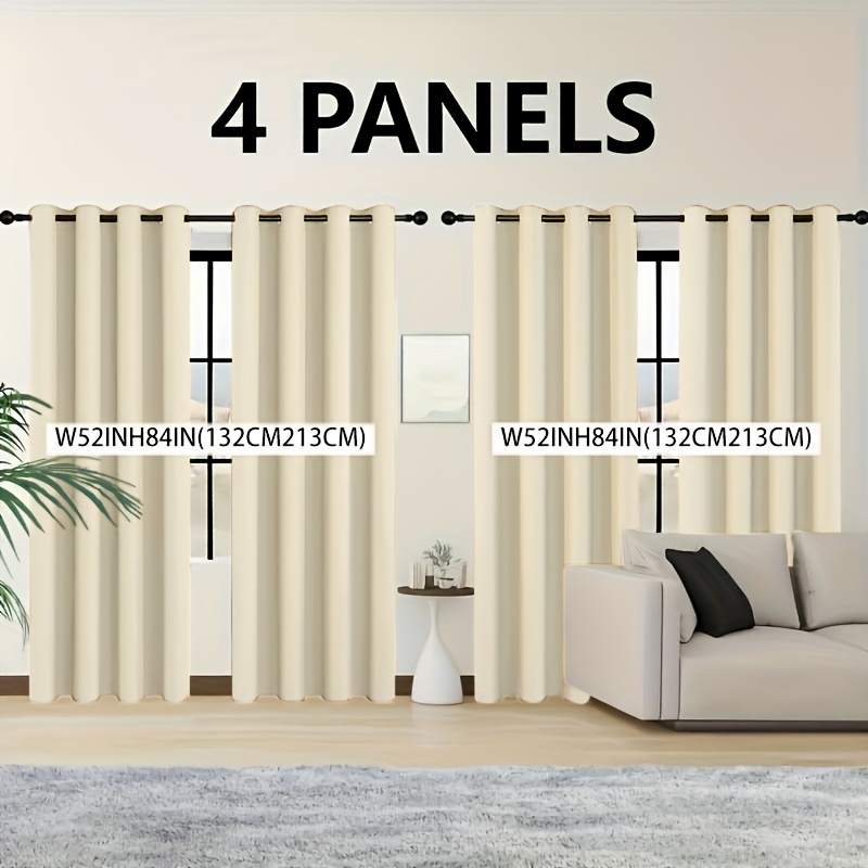 TEMU 4pcs 100% Blackout Curtains, Modern Solid Color, Rod Ring Pierced Hanging Style, Coated Lining, Lightweight, , Romantic Theme Bedroom, Living