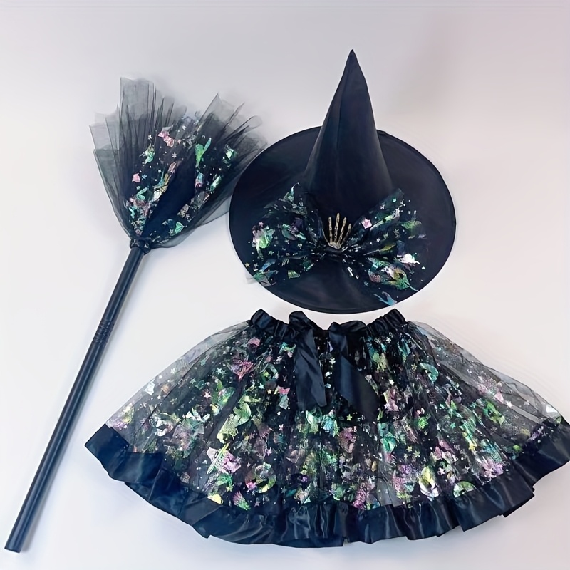 Halloween New Printed Mesh Tutu Skirt Witch Hat Broom Flounce Skirt 3pcs Set