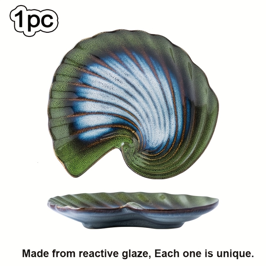 изображение предмета 1 шт. ретро керамическая салатная тарелка с эффектом обжига, креативная тарелка в форме ракушки, нестандартная большая тарелка для закусок, хлеба, пасты, салата, суши,     на хэллоуин и рождество, подарок на новоселье