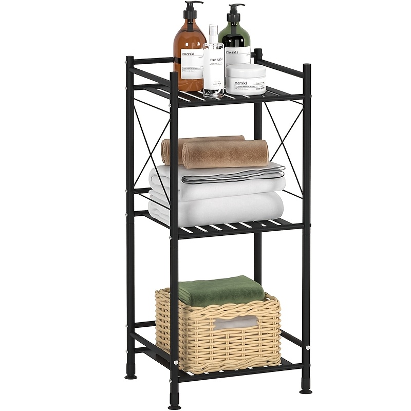 

1pc Black Metal 3-tier Storage Rack, Heavy-duty Floor Mount Shelf Organizer For Bathroom, Kitchen, Coffee Bar, Narrow , Lacquered , 3 Shelves, 8mm-12mm , Over 27 Inches Tall