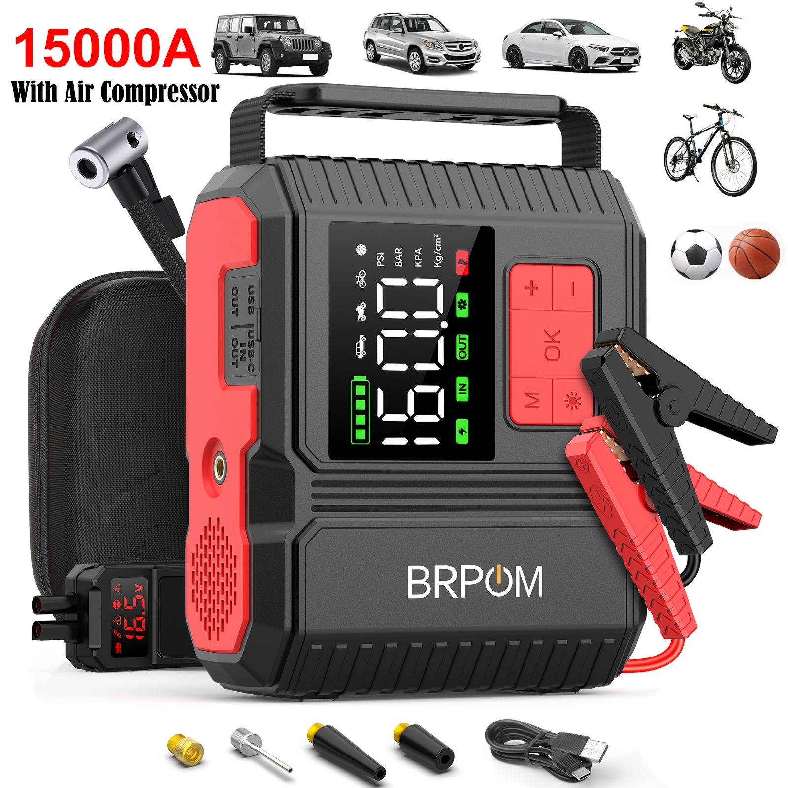 TEMU 15000a Jump Starter With Air Compressor, 26800mah Portable Car Battery Booster (all Gas/10.0l ) With 160psi Tire Inflator, 12v Portable Car Jump