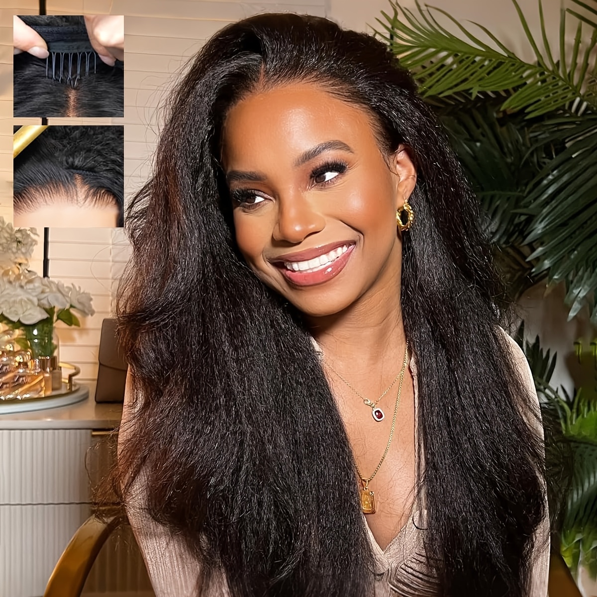 Image of Kinky Straight Half Wig Human Hair Half Wigs With Drawstring Straight Glueless Wig 3 In 1 Flip Over Headband Wig For Women