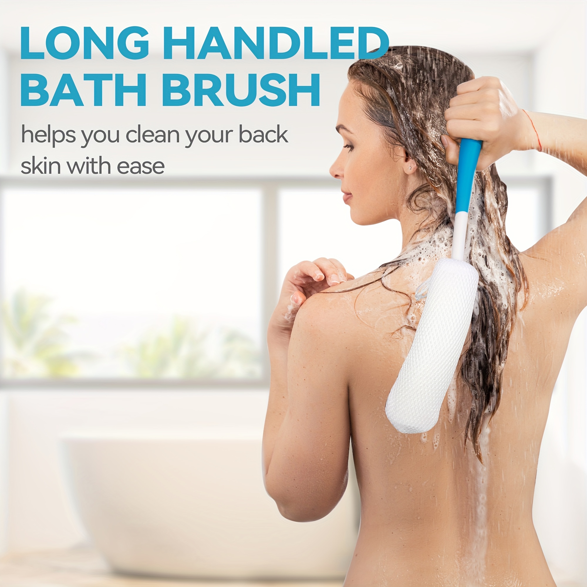 1pc long handle back scrubber shower brush non slip curved   bristles for   gentle exfoliation white with blue accent   beige scrubber curved handle brush comfortable use Product details 5