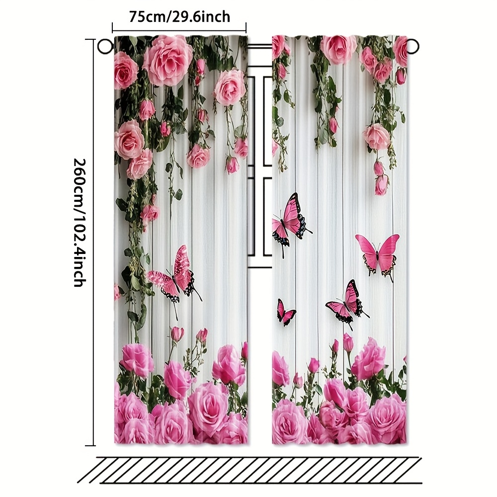 TEMU Set Of 2, Pink Flower Pattern Polyester Drapes, Stylish Design, Washable In Machine, Perfect For Bedroom And Living Room Decoration