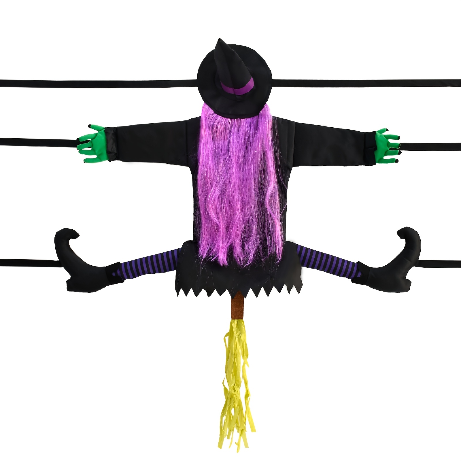 TEMU 1pc Halloween Witch Decoration Featuring A Black Hat, Purple Hair, , And Striped Legs. Large 39.4 X 31.5in Design Adds A Spooky Festive Touch To