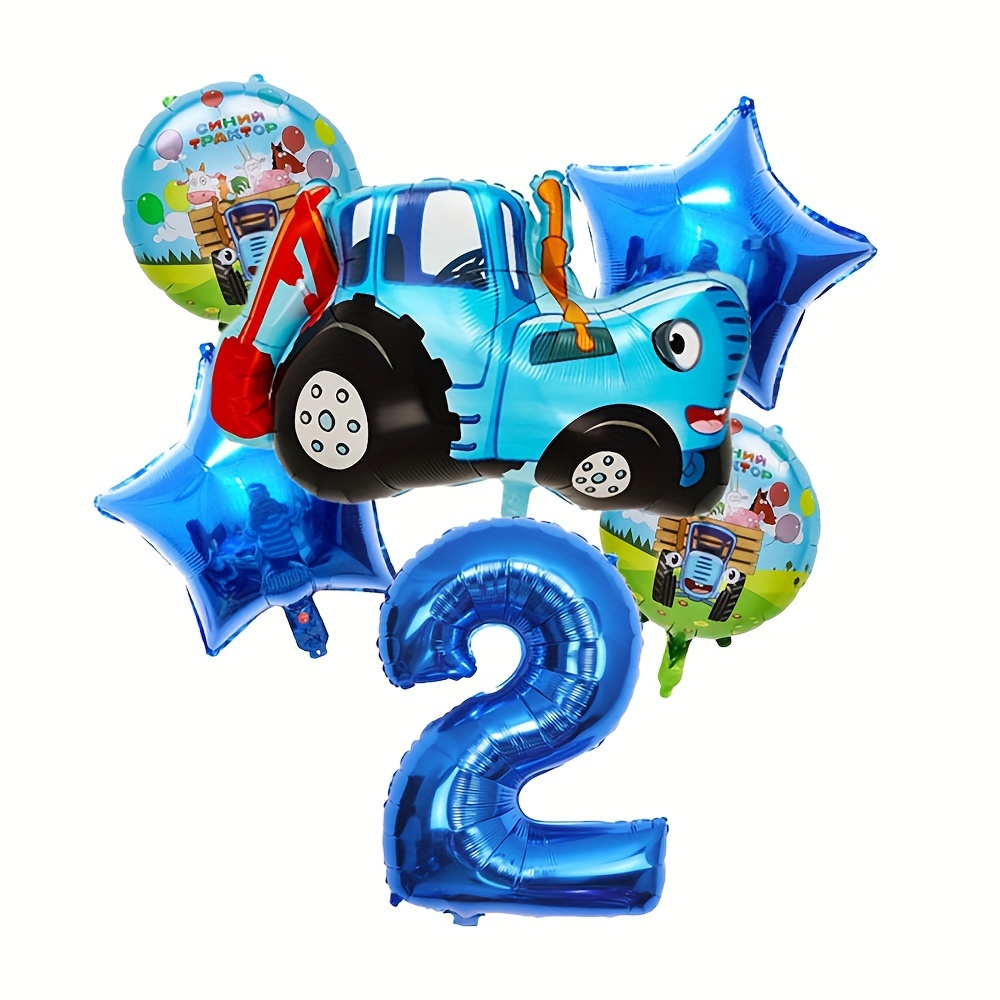 Image of Set Of 6 Farm Tractor Balloons, Blue Number Foil Balloons For Tractor-themed Birthday Party Decorations For Christmas, Halloween