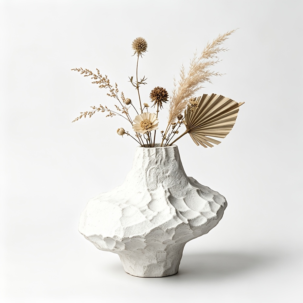 White Wabi-Sabi Ceramic Vase, Handmade Stone Texture Pottery, Matte Glaze Vessel for Living Room & Entryway, Hydroponic & Dried Flowers, Retro Home Decor for B&B & Tea House