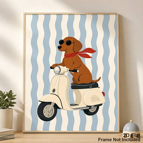 2d flat cute dachshund riding scooter poster retro vertical wall art print suitable for kids room decor wavy striped dog picture unframed canvas hanging decoration for entryway dachshund themed gift for pet owners 2d flat