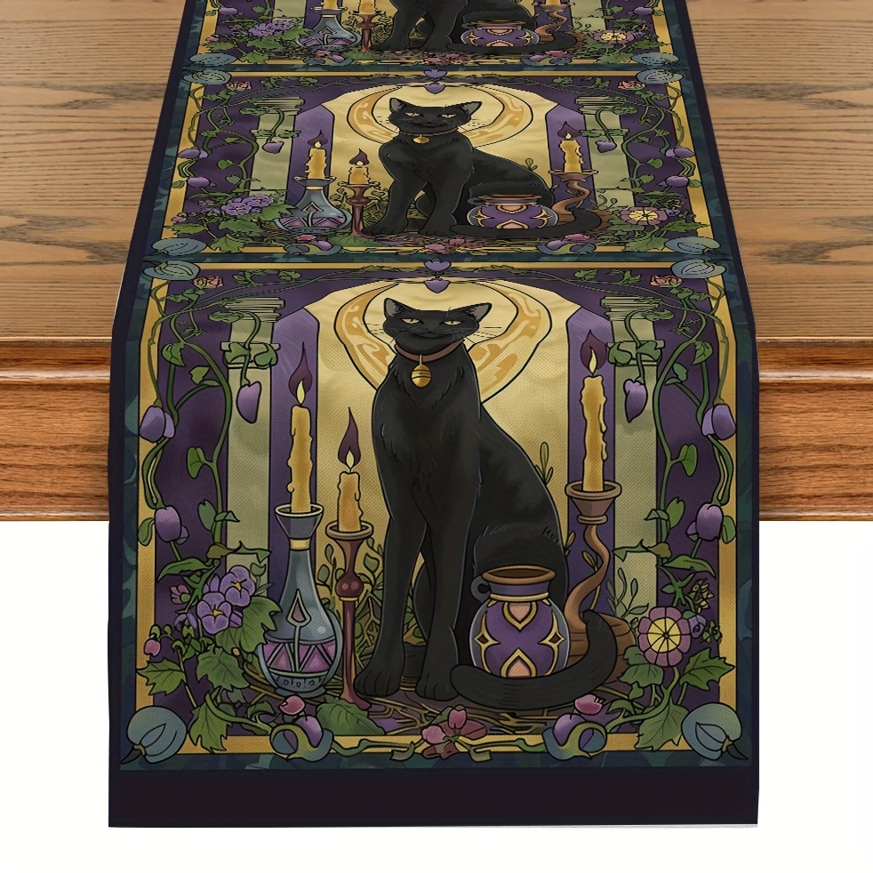 

1pc Decorative Table Flag, Mysterious And Eerie Gothic Cat Candle Table Flag, For Coffee Table, Farmhouse, Kitchen, Dining Table, Holiday, Parties, Dinner Decor