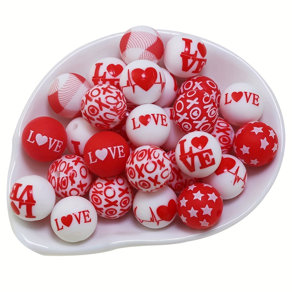 

15pcs Valentine's Day Heart Love Print Silicone Beads, 15mm - Ideal For , Keychains, Bracelets, Necklaces & Pen Decorations, Heart Charms For Jewelry Making