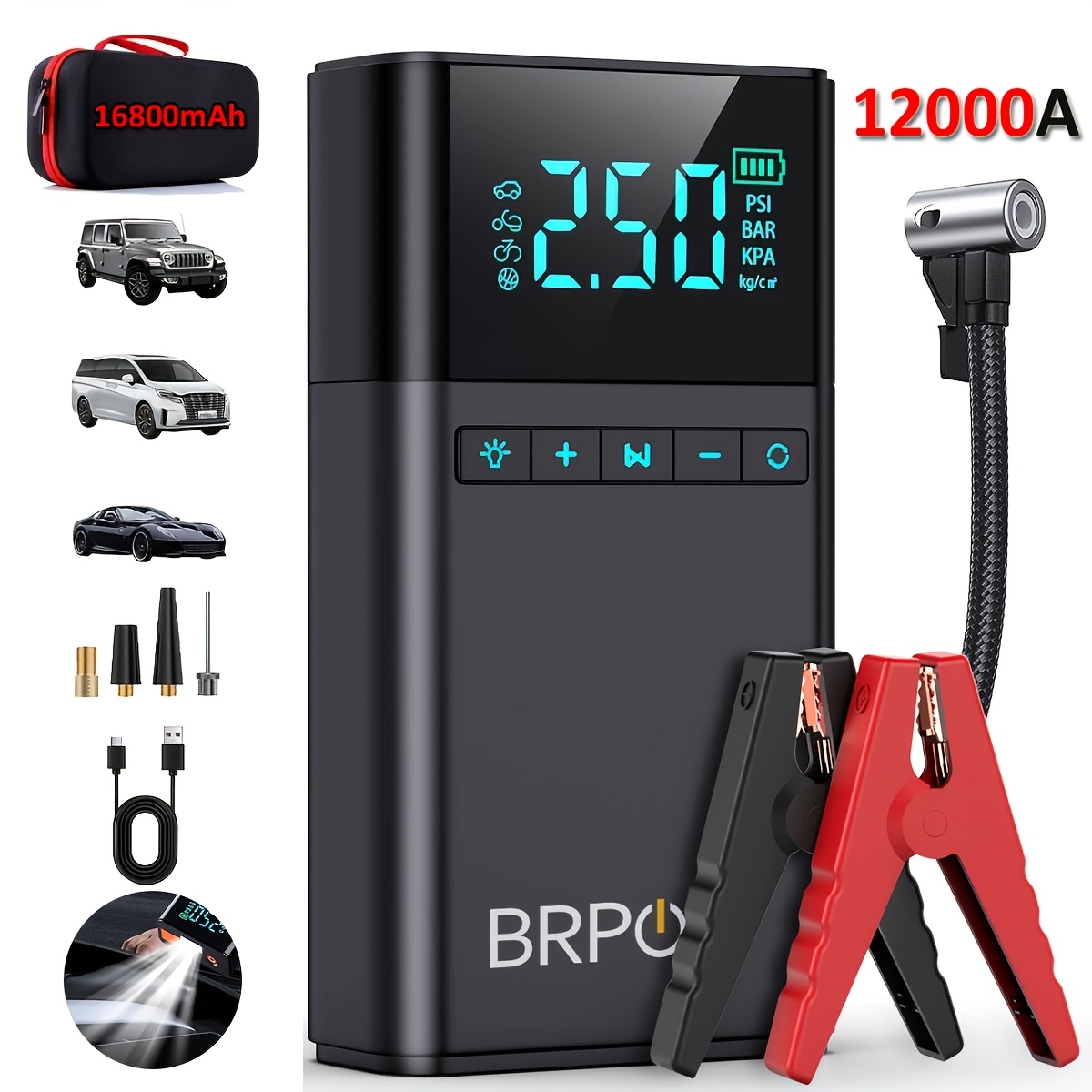 TEMU Démarreur de voiture avec compresseur d'air, gonfleur de pneu fil, booster de batterie de voiture avec batterie externe et lampes de poche LED,
