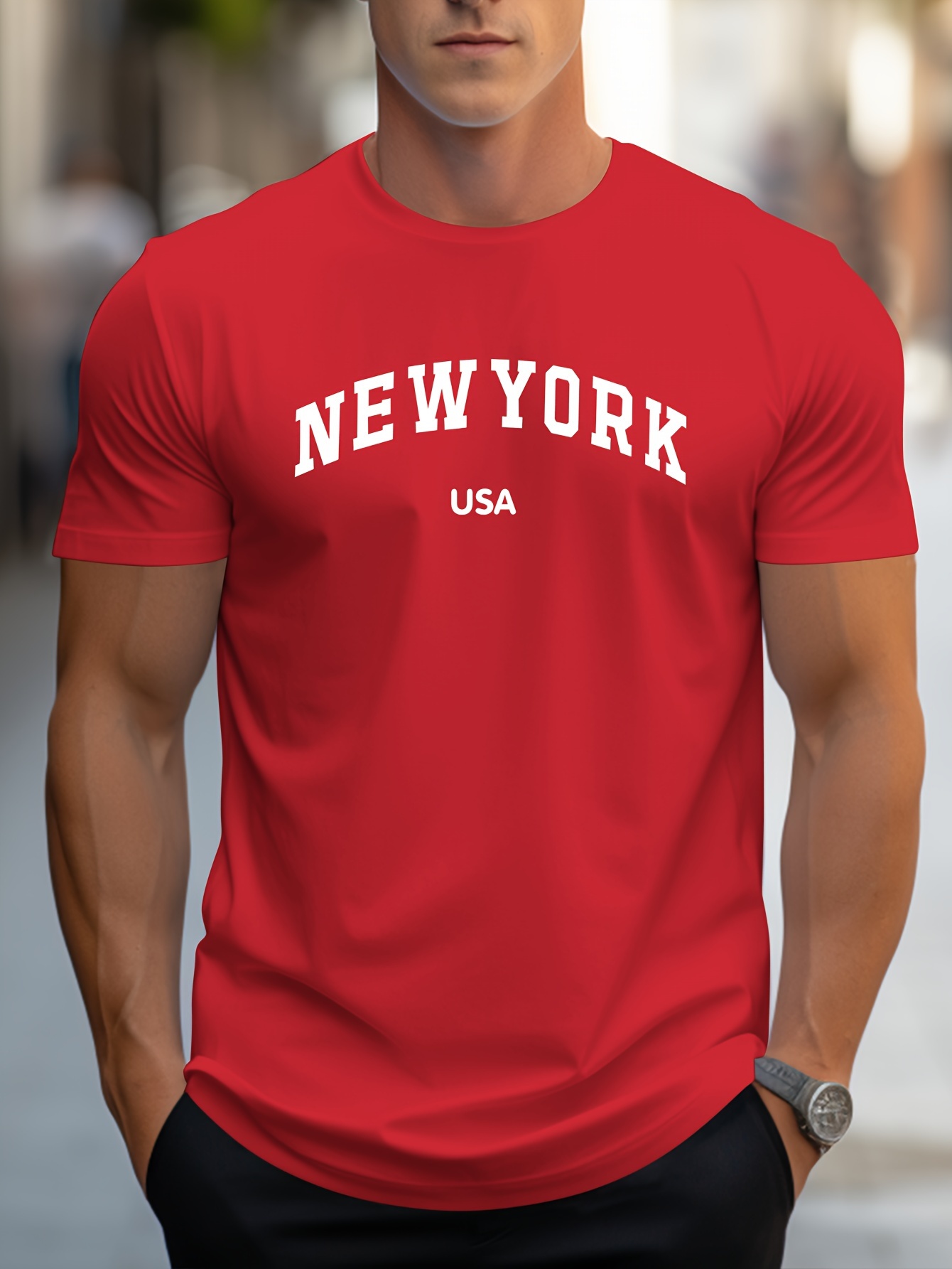 new york letters print mens round neck print tee short sleeve comfy t shirt loose casual top for spring summer holiday mens clothing as gifts red 0