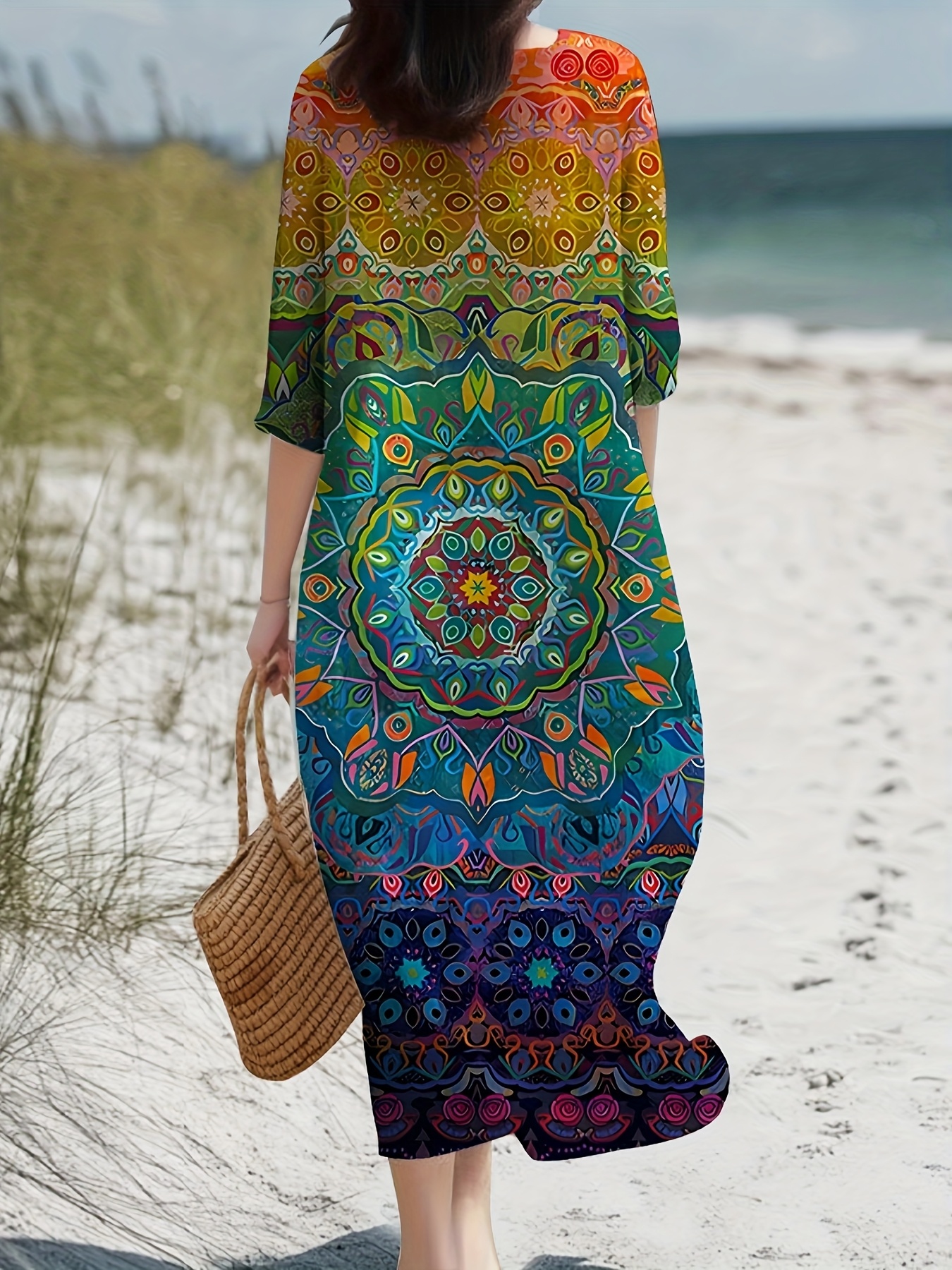 Plus Size, Vintage Bohemian Women's Plus Size Printed Round Neck Long  Sleeve Dress - Breathable 100% Polyester, Lightweight Casual Spring Summer  Autumn Beach Dress