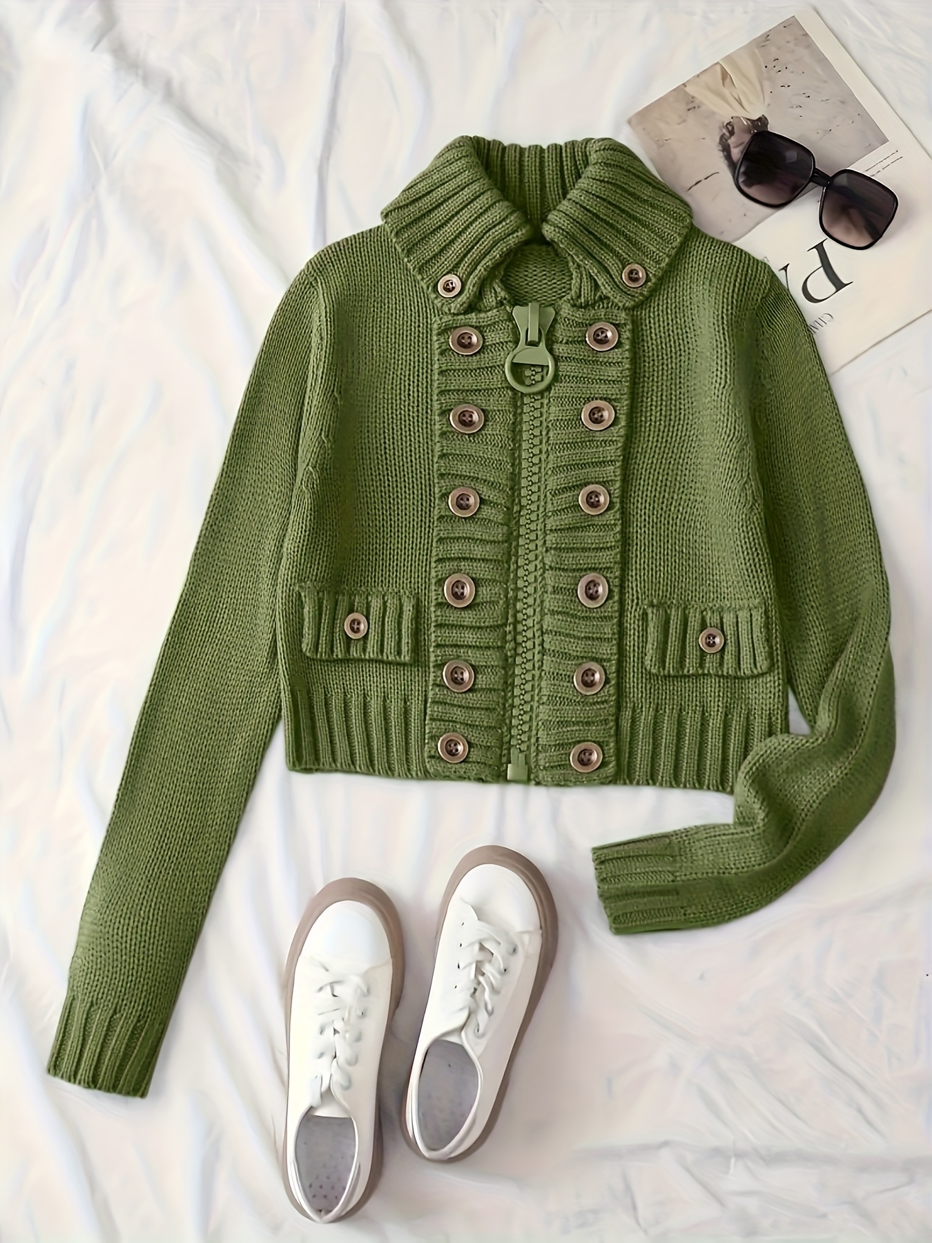 Multi-Button verzierte Stehkragen-Slim-Fit-Kardigan mit Reißverschluss