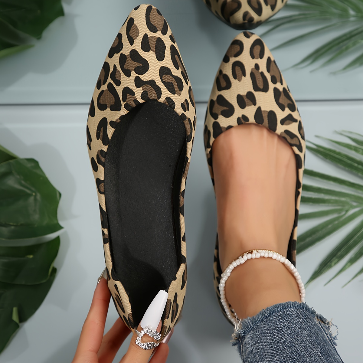

Women's Leopard Print Flats, Fashion Comfortable Point Toe Shoes, Slip-on Shoes For Casual Wear