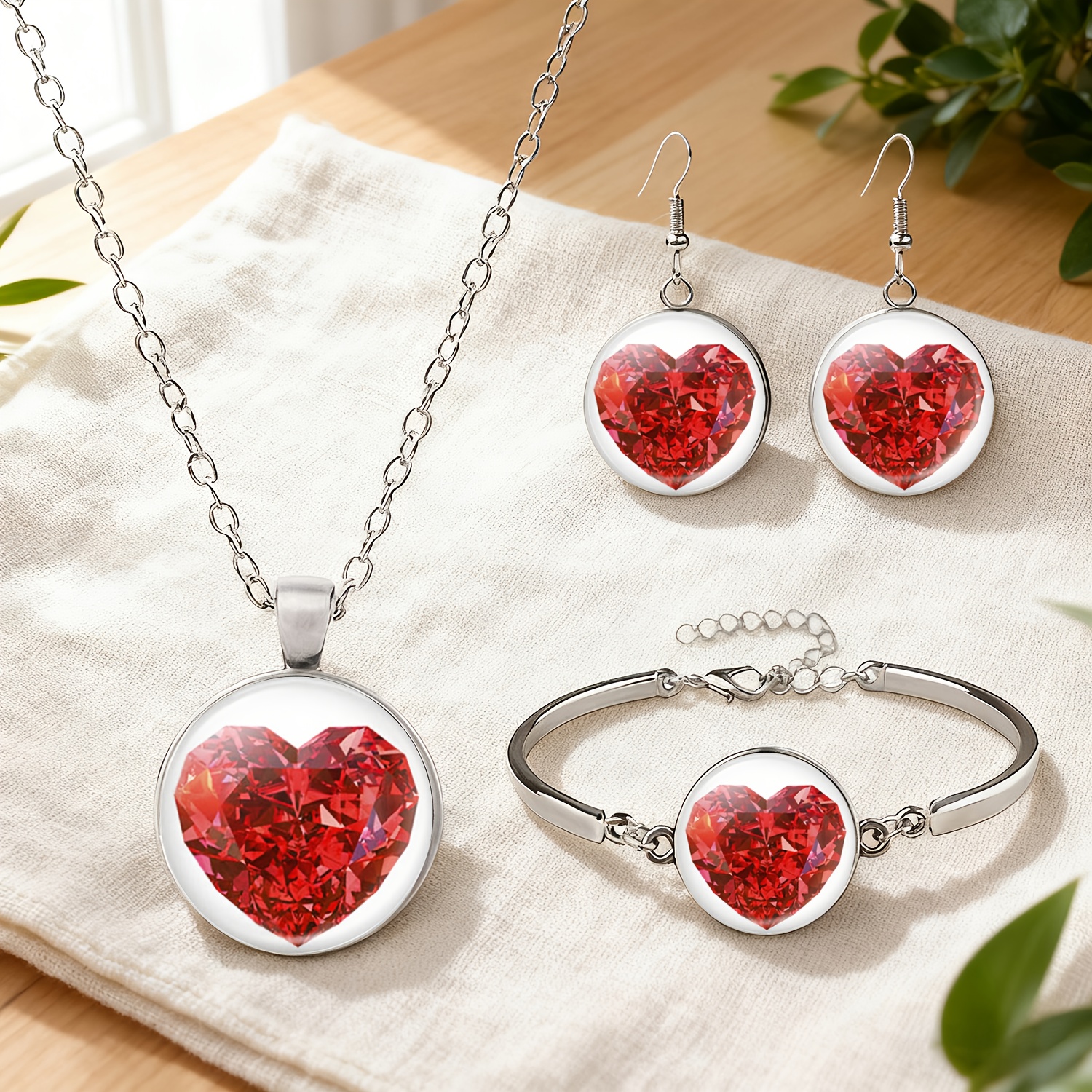 4pc Red Heart Sparkle Jewelry Set, Necklace, Bracelet & Earrings