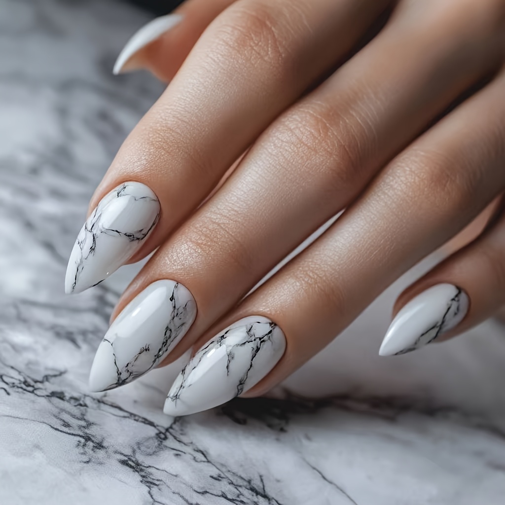 Image of European And American Minimalist 24pcs Medium And Long Almond Marble Gray Pattern Gradient Faded Nail Art Versatile Hot Romantic Elegant Trend White Temperament Wear Nail