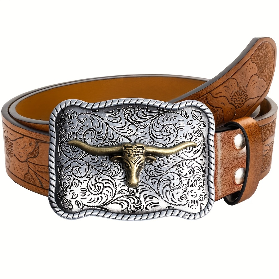 mens western style belt irregular pattern carved floral - Temu display picture 1
