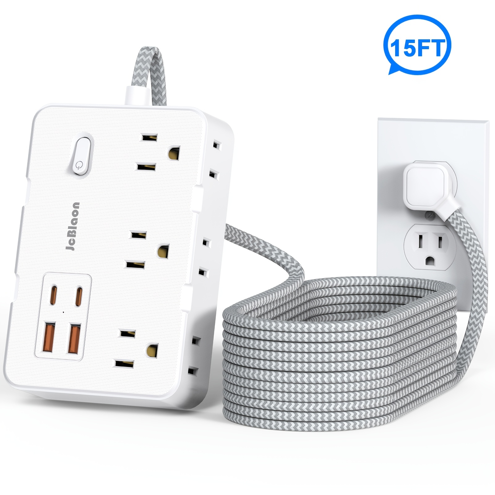 TEMU Jcblaon 10in 1 Power Strip With Usb C, Ultra Thin Flat Plug Power Strip With 4 Usb Ports 6 Outlets, 5ft White Extension Cord, Usb Total