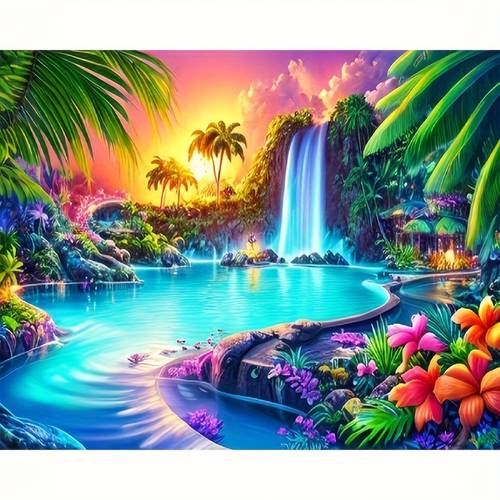 eine tropische sonnenuntergangsszene mit wasserfall und palmen | 5 malerei set, für erwachsene und anfänger, eine für vatertag, muttertag, ostern, eid und geburtstagsgeschenke, handgefertigtes, kreatives geschenk