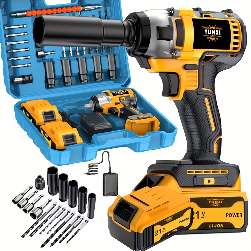 TEMU 21v Cordless Impact Wrench Wireless Drill Set, Brushless Electric Impact Gun Drill, Optional 4000mah Battery, Toolbox, Charger, Socket, And Full
