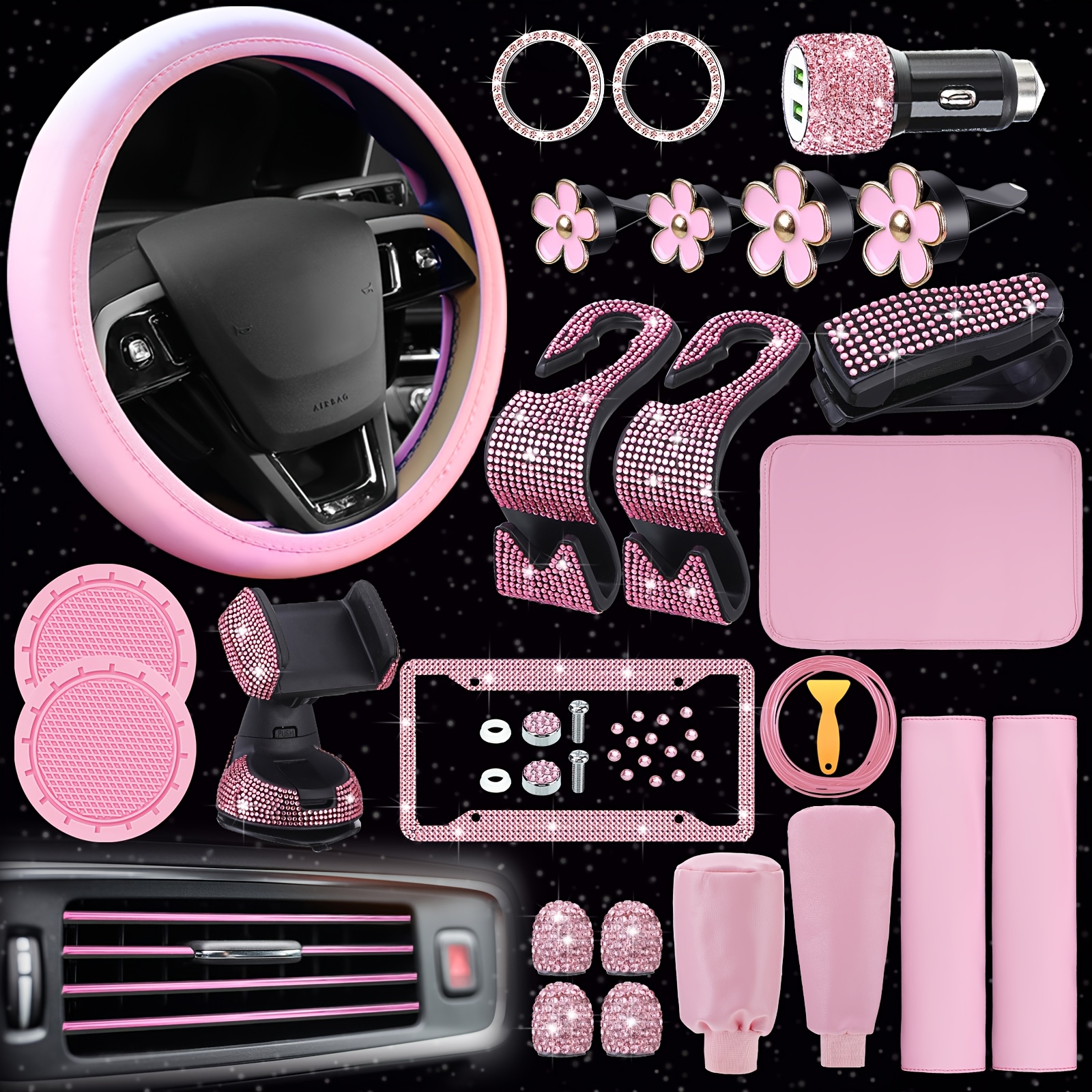 TEMU 46pcs Car Kit For Women - Steering & , Diamond , Cup , Usb Adapter, -