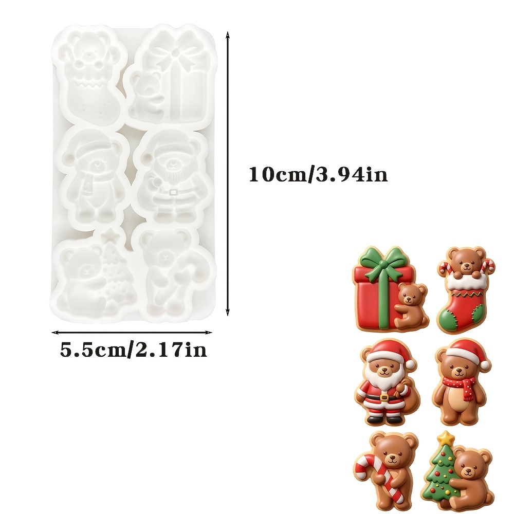 TEMU Christmas Bear Six-cavity Fondant Silicone Mold, Santa Claus Gift Stocking Christmas Cake Decoration Aromatherapy Plaster Diy Baking Mold