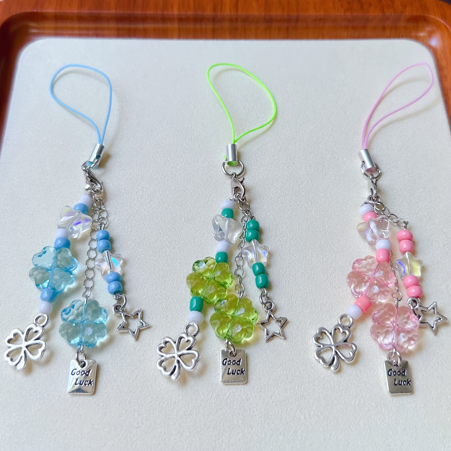 TEMU 3pcs Colored Clover Hollow Star Bead Phone Lanyard Backpack Earphone Case Camera Pendant Ornament Friend Family Birthday Holiday Christmas New