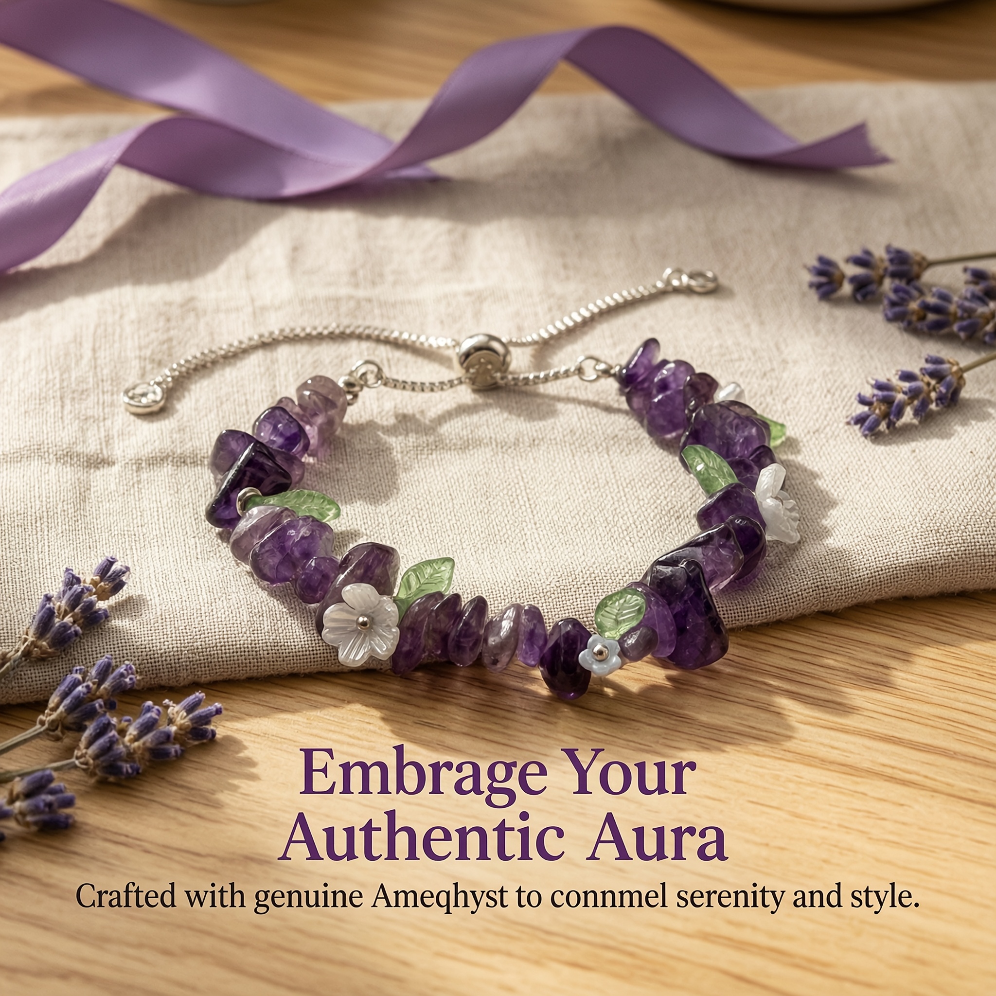 TEMU 1pc Natural Amethyst Bracelet, Featuring Natural Purple Crystals And Floral Details, Silvery Adjustable Bangle, Suitable For Daily Women,