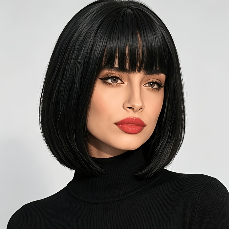 TEMU Perruque Courte et Lisse de 14 Pouces pour Femme, Perruque Noire Courte et Lisse avec Frange, Naturelle et Polyvalente, Filet Intérieur Réglable