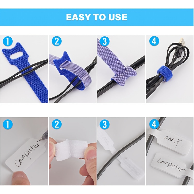 Multi-Coloured Reusable Hook and Loop Cable Ties, 100pcs