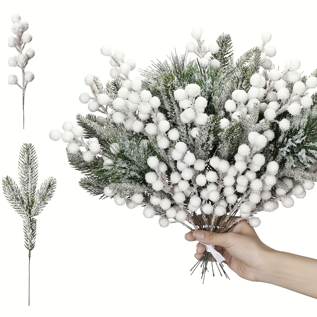 20pcs Christmas Snowy Pine Tree Picks Artificial Berry Stems Sprays Cedar Pine Needles Branches For Holiday Arrangement Wreath Garland Holiday Decor
