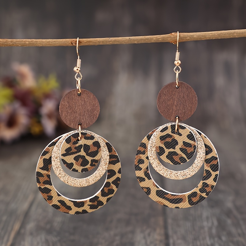 

- New Sexy Hollow Round Ring Leopard Print Sequin Patchwork Wooden Pupu Leather Earrings