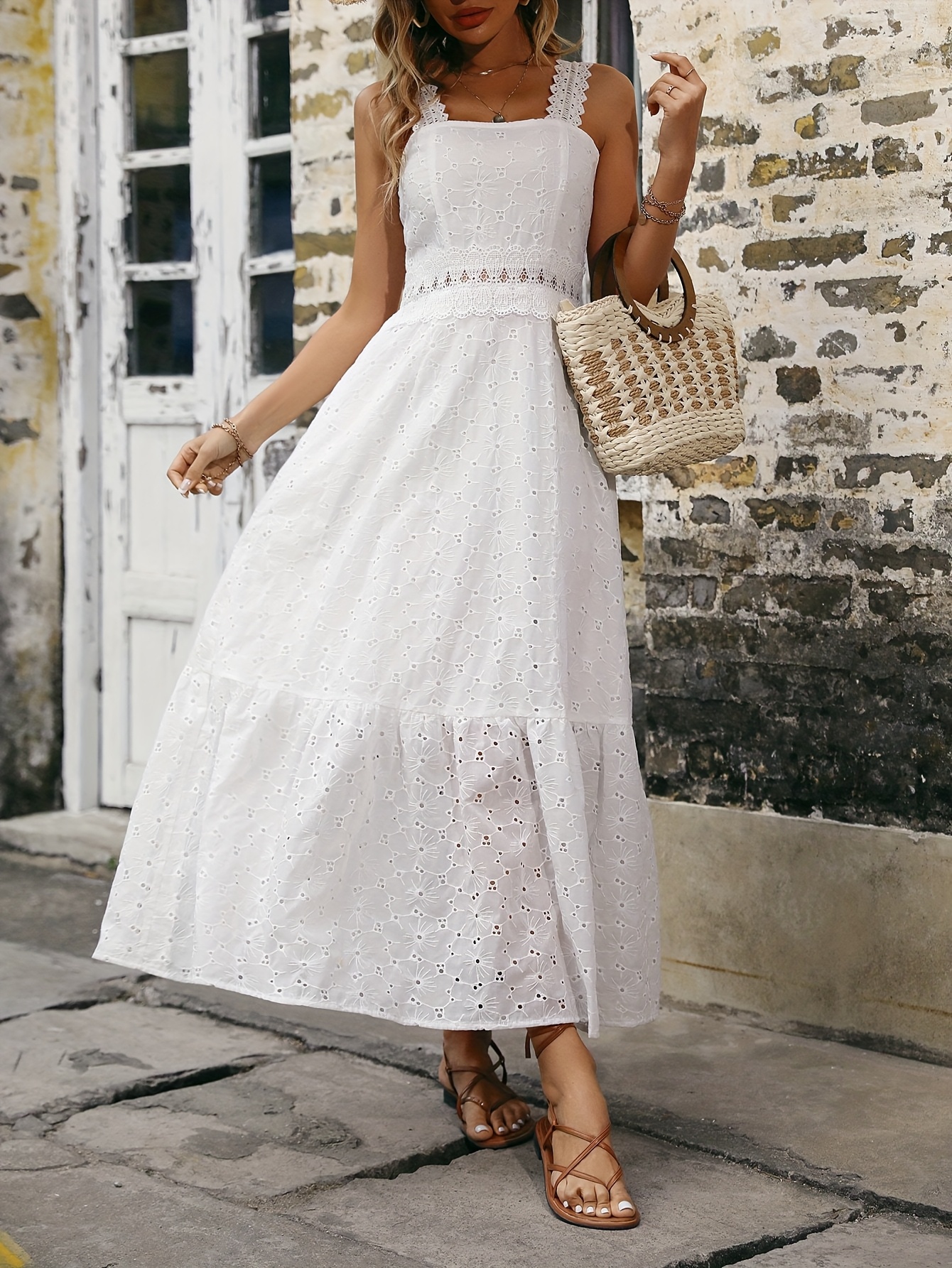 knee length dresses for ladies White Lace Midi Dress with Puff Sleeves Online