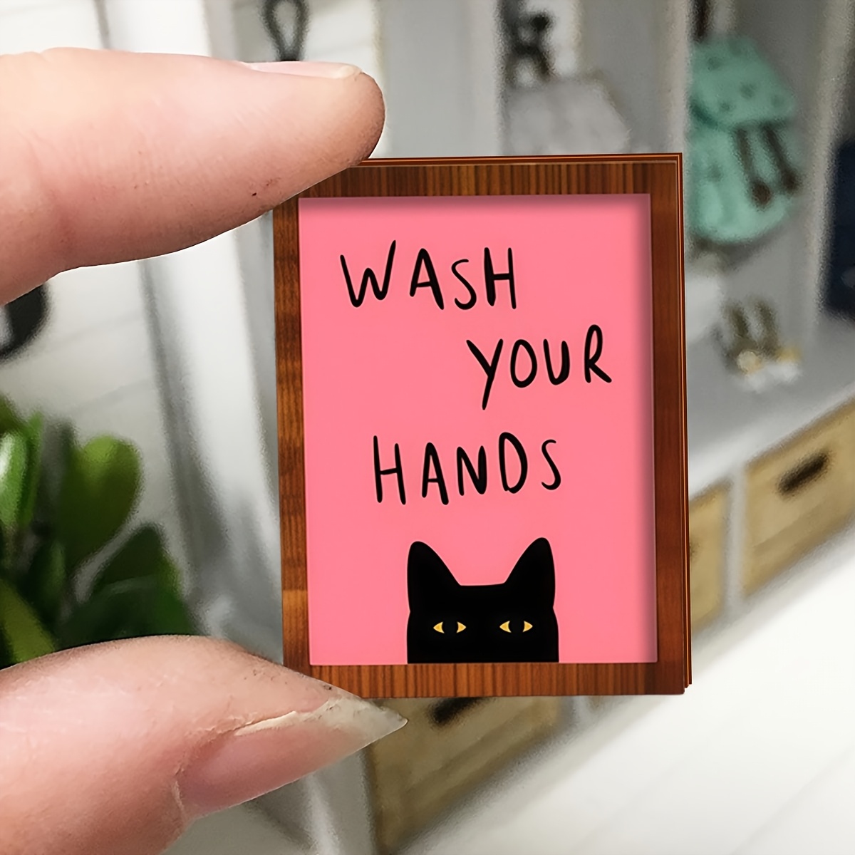 1pc Mini Retro Single Layer Wash Your Hands Black Cat Wall Art Decor Wooden Ornament, Farmhouse Wood Framed Miniature Sign, Suitable For Miniature Dollhouse Elf House Decoration