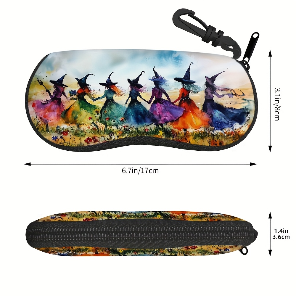 TEMU 1pc Estuche para Gafas con Diseño de Bruja Halloween - Brujas Coloridas en Escobas & Floral, Bolsa con Cremallera para Gafas de Moda, Accesorios