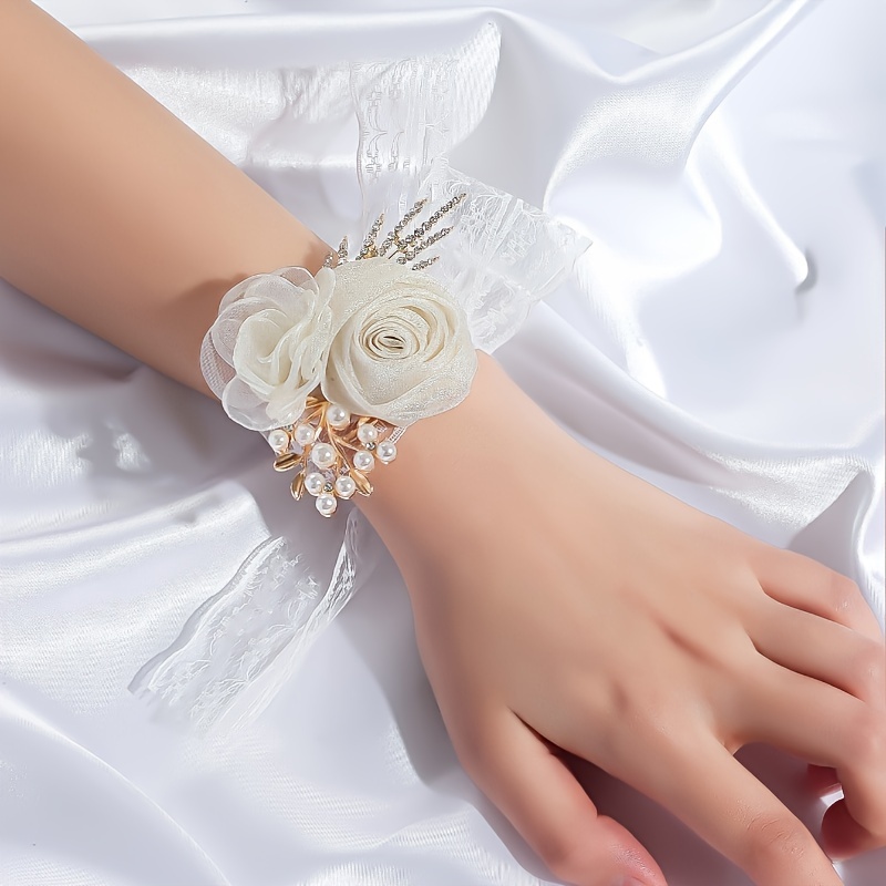 

Bohemian Style Bridal Wrist Corsage, 1pc Elegant Lace Rose With Beads, Party Accessory