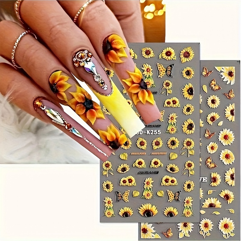 4pcs 5d Embossed Sunflower Bee Nail Art Stickers, Nail Art Decals, Self Adhesive Nail Art Supplies For Women And