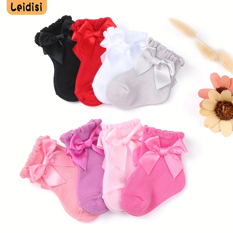 

4 Pairs Of Baby Girl's Solid Color Bow Decor Socks, Comfy Breathable Soft & Sweat-absorbing Cute Socks For All Season, Creative Gift