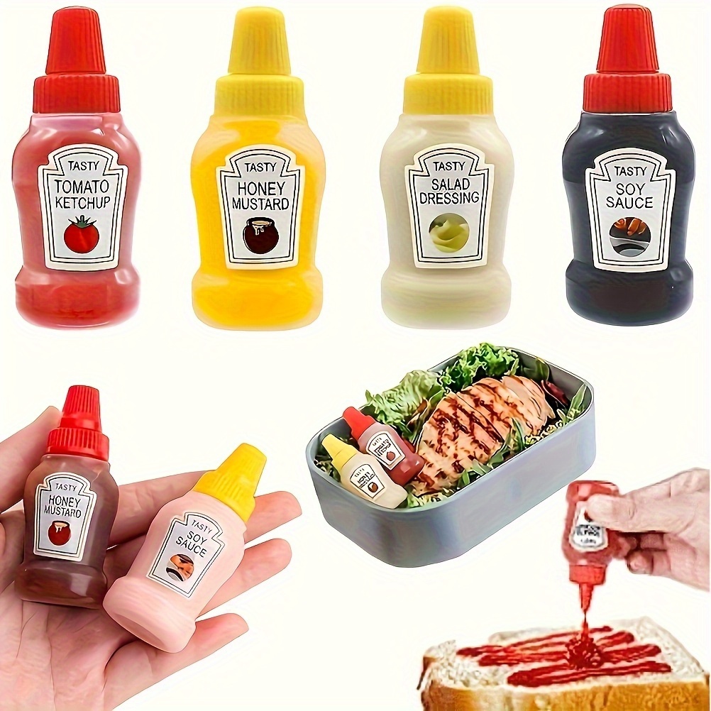 TEMU 1 Set Of 4pcs Bottles - Leak-proof Reusable 0, 75-ounce Plastic Containers With Color-coded Lid Covers, Suitable For Ketchup, Salad Dressing -